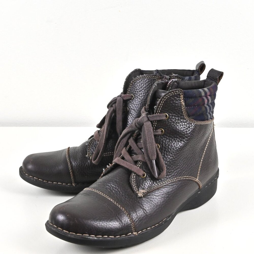 Clarks Whistle Bea Pebbled Leather Quilted Plaid Lace Zip Brown Ankle Boots US 8
